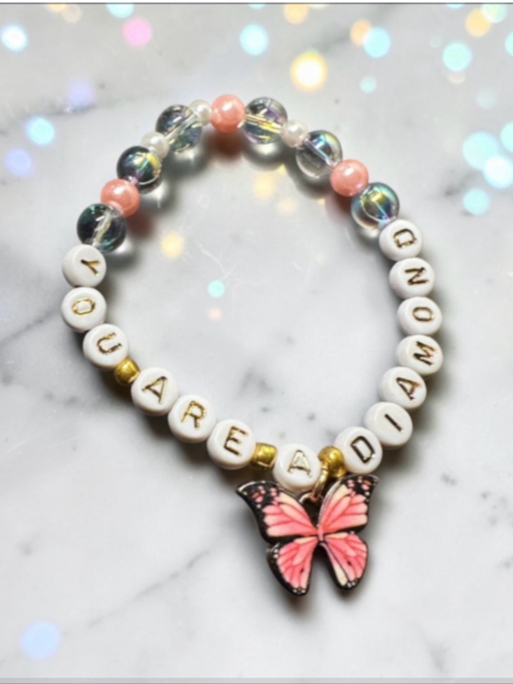 You Are A Diamond - Dolly Parton Handmade beaded bracelet with butterfly charm